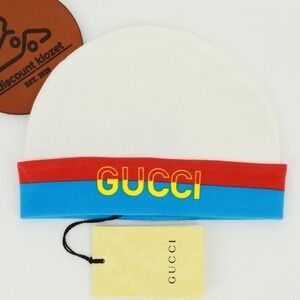 Gucci Baby White Cotton Jersey Logo Stripe Beanie Hat Size Small NWT
